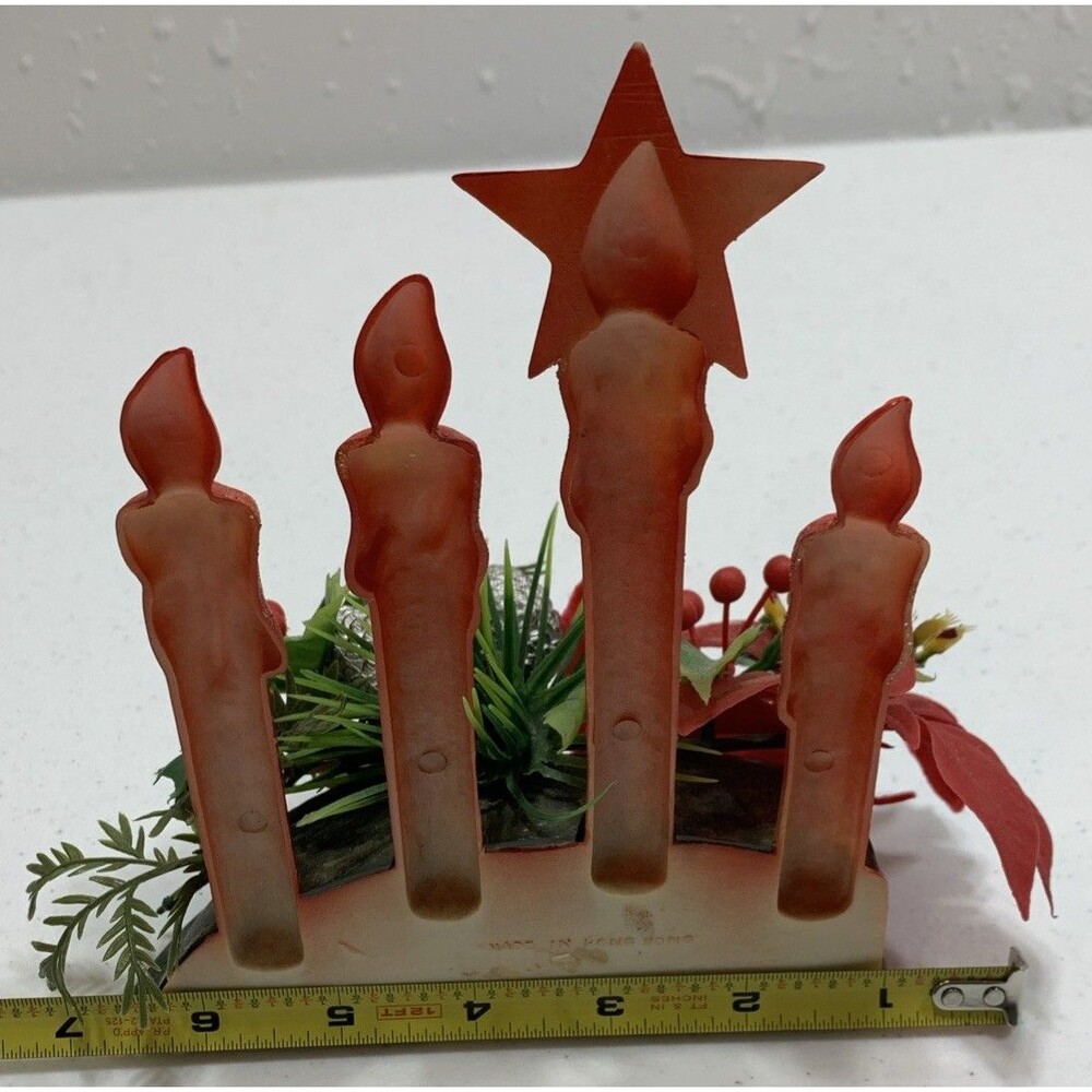 Vintage Plastic Xmas Centerpiece Glittered Drip Candles Poinsettia Greenery - Picture 5 of 7